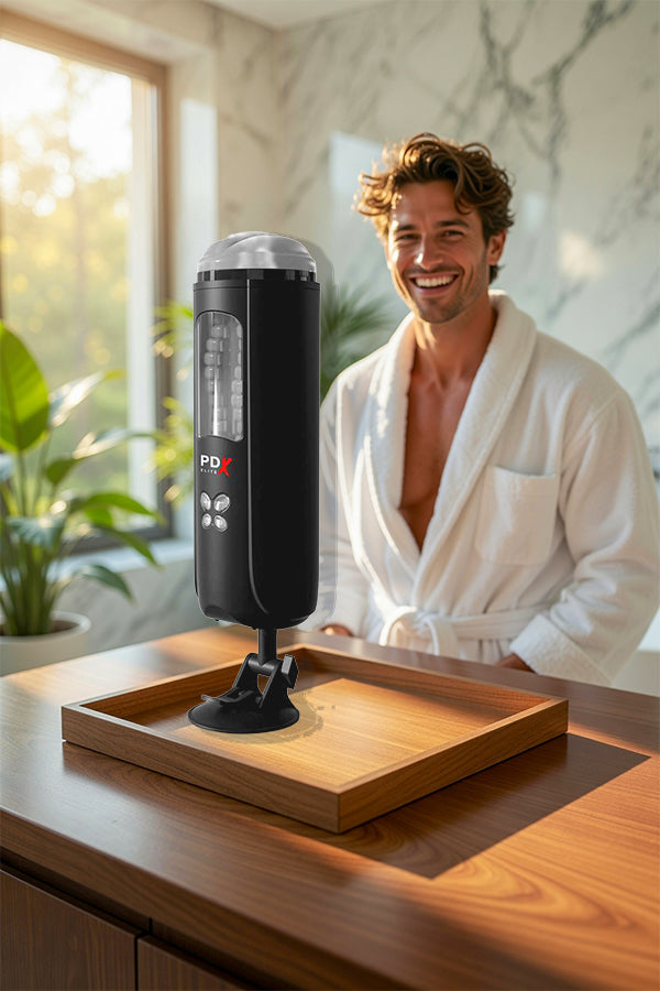 an upscale bathroom with large windows pouring light onto a black cylindrical automatic masturbator, standing neatly on a light wood counter. An attractive man stands in the background--smiling and wearing a clean white robe.