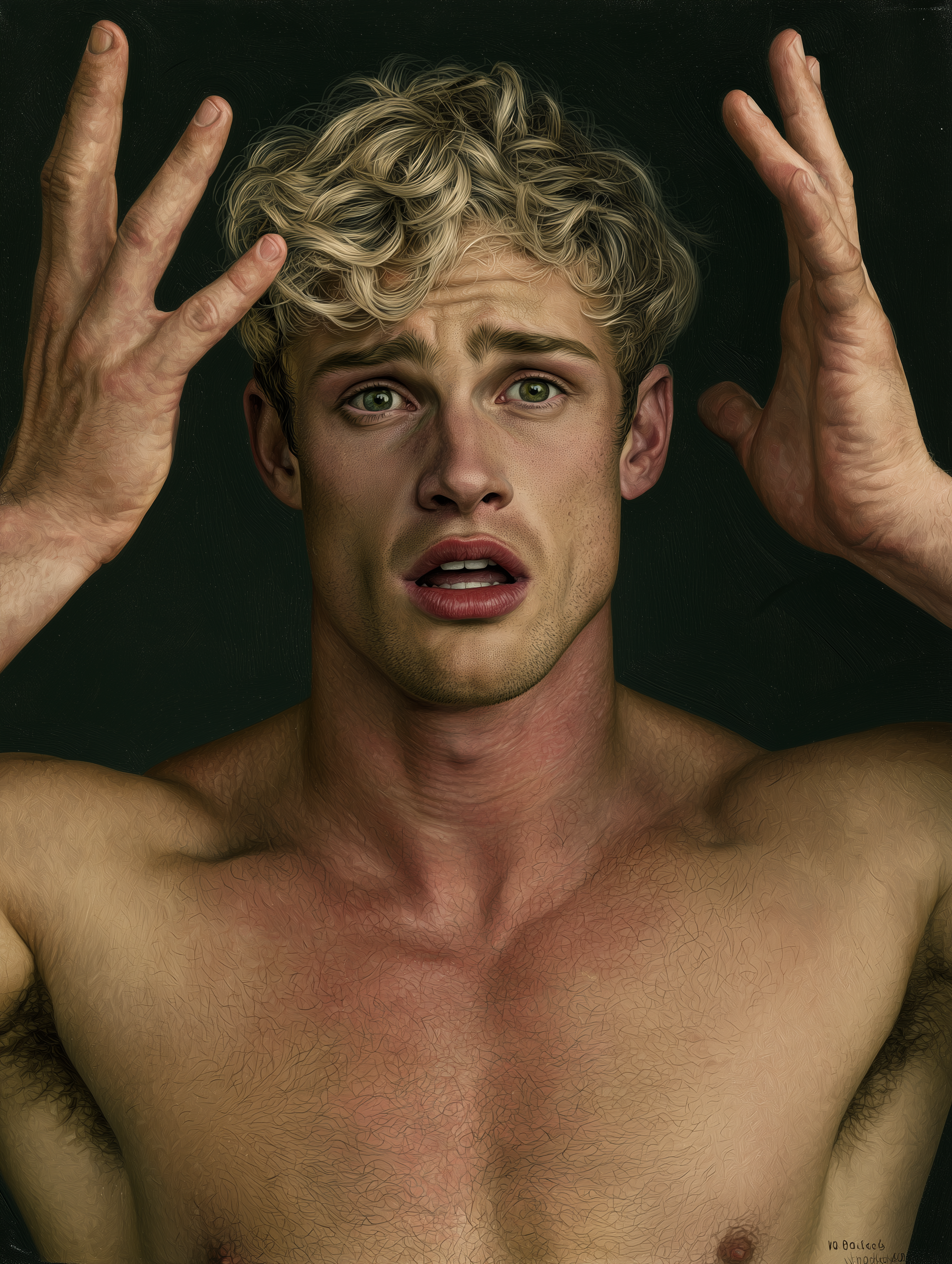 a shirtless man holds his hands up in confusion.