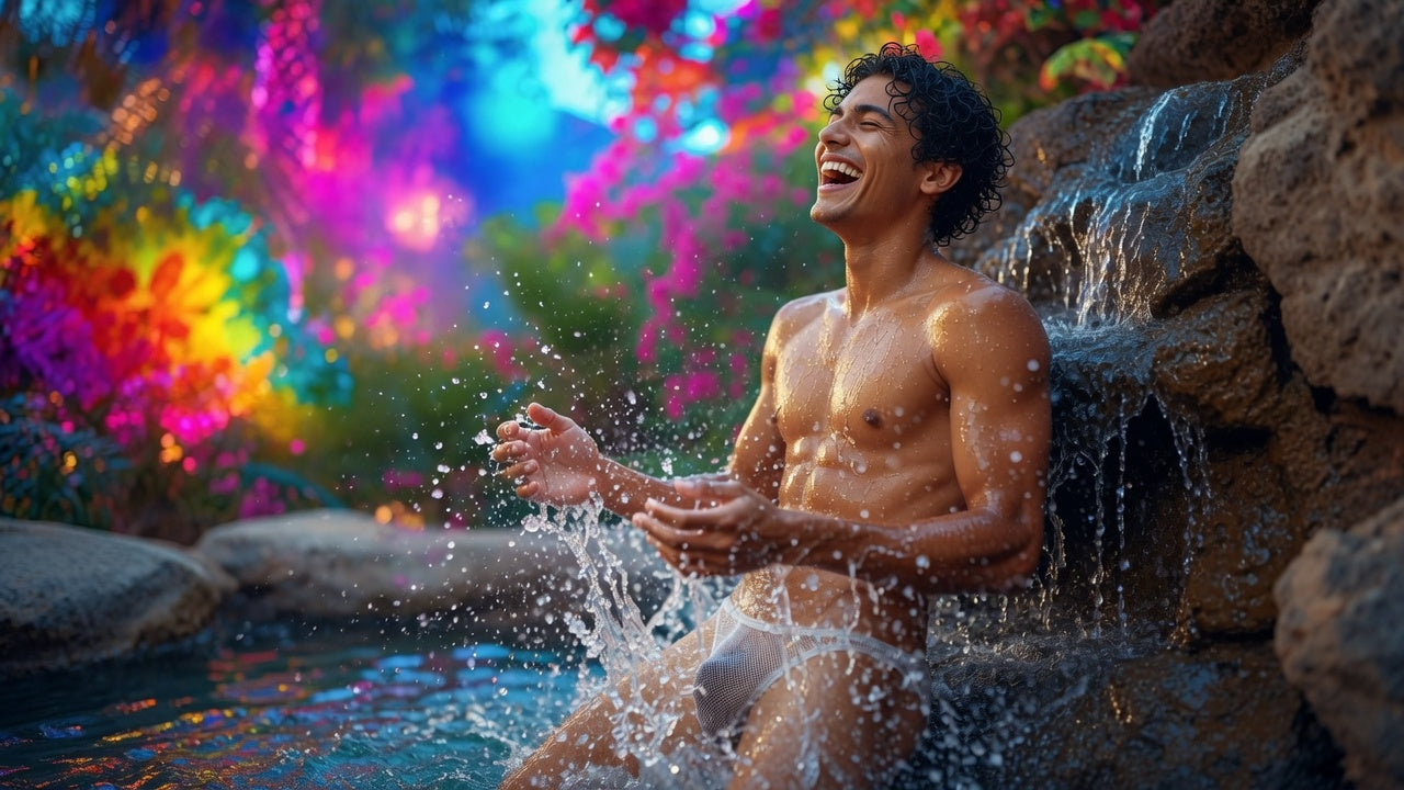 A young attractive fit man laughs as he splashes water inside a grotto surrounded by colorful and saturated lighting on trees and bushes in the background