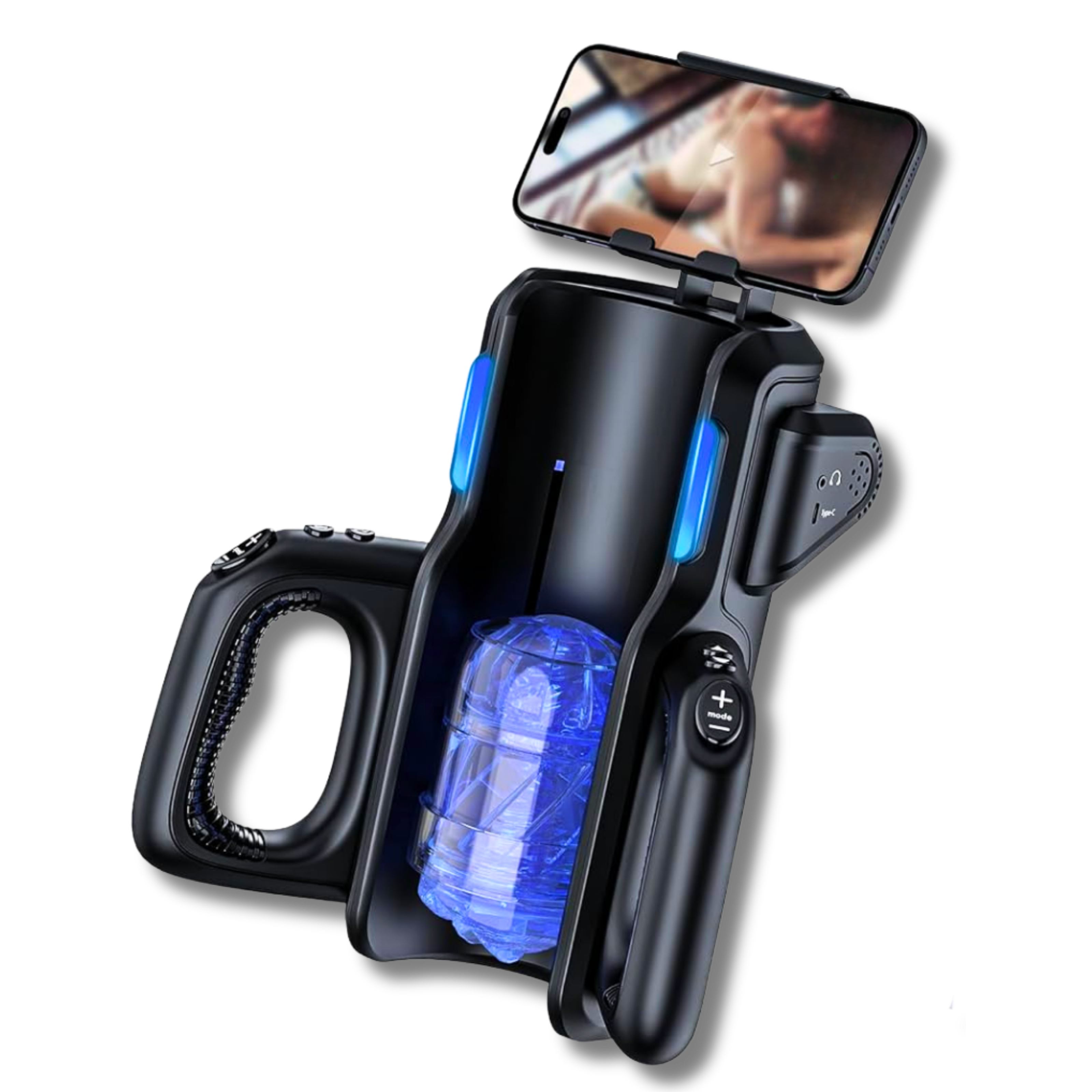 an automatic masturbator or auto-stroker is shaped like a half cylinder has two open handles facing forward. A blue soft center section thrusts up and down while a cell phone playing a video is attached to the top.