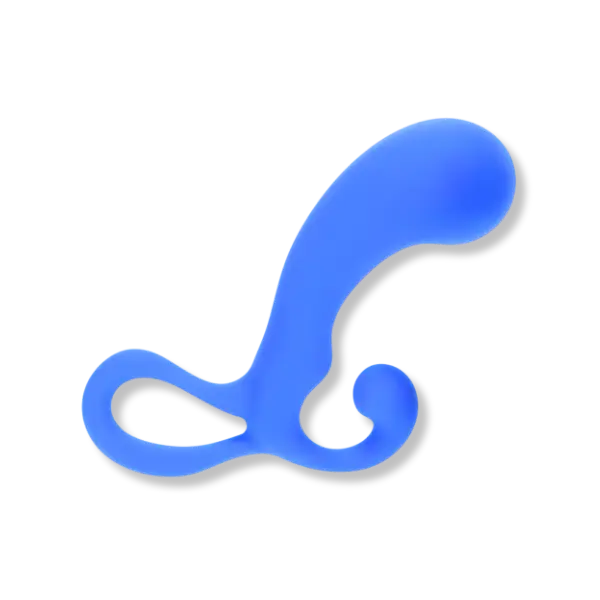 a blue curved prostate toy with large grip handles, on a white background