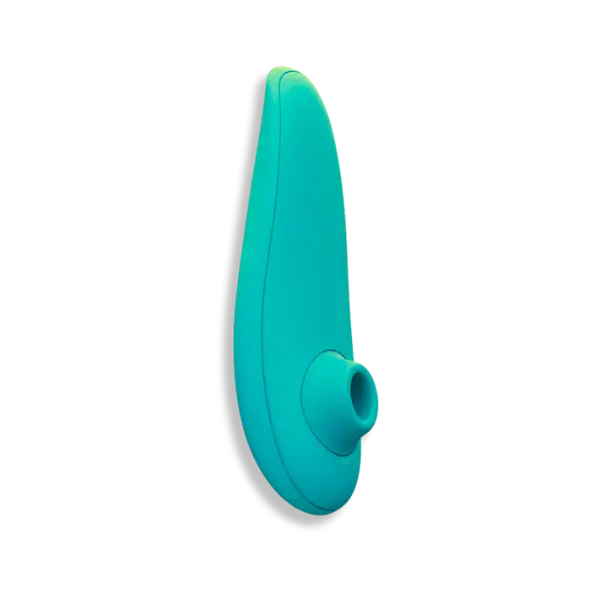 A teal silicone personal massager with a curved body and a small cylindrical opening near the base, shown on a plain white background.