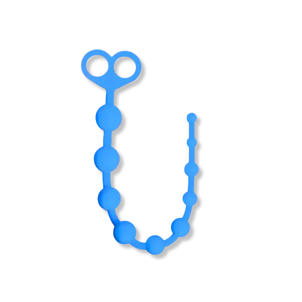 blue anal beads curved with an easy grip handle at the wide end, on a white background 