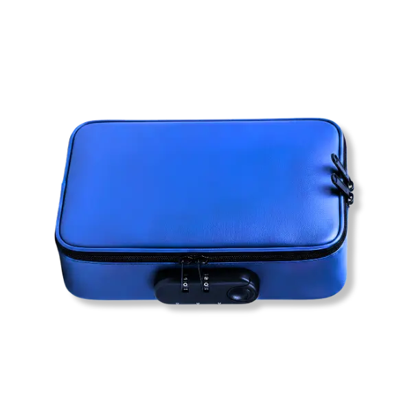 a blue leather zipper container shaped like a rectangular box with large black locking mechanism to lock the zipper tabs, on a white background