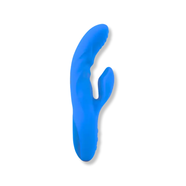 a blue rabbit personal vibrator with small textural ridges for grip, on a white background