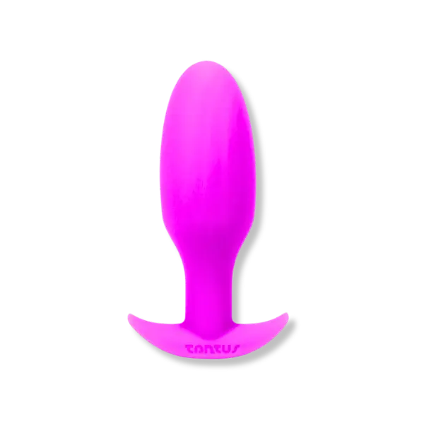 a bright fuchsia butt plug with a wide curved end on a white background