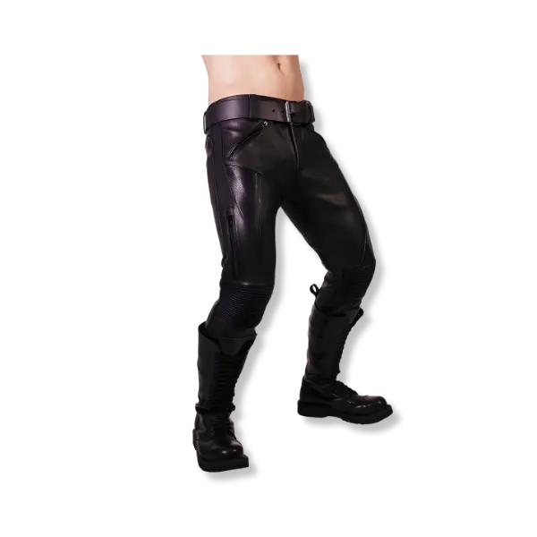 black leather pants and black shiny shoes with a black thick leather belt, on a white background