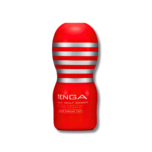 a red plastic bottle-shaped outer material for a Tenga stroker male masturbator