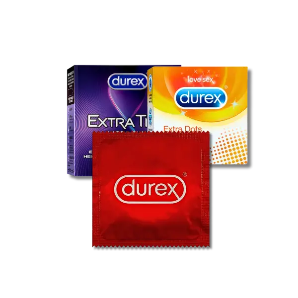 three colorful condom wrappers of the brand durex, on a white background