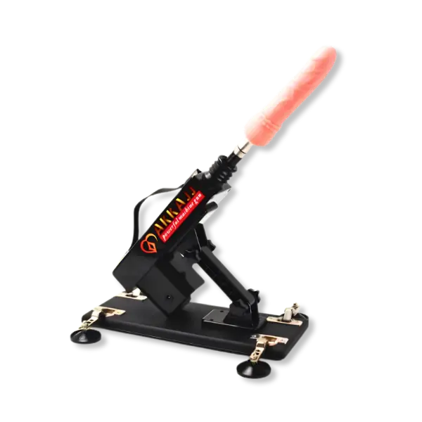 a heavy-duty industrial thrusting dildo machine, four strong adjustable feet hold a mounting platform for a reciprocating dildo, plug-in for power, on a white background