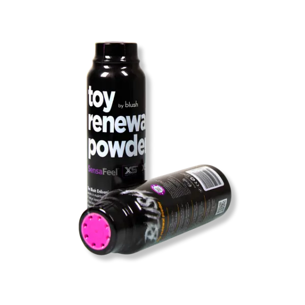 two small black bottles of toy renewal powder, on a white background
