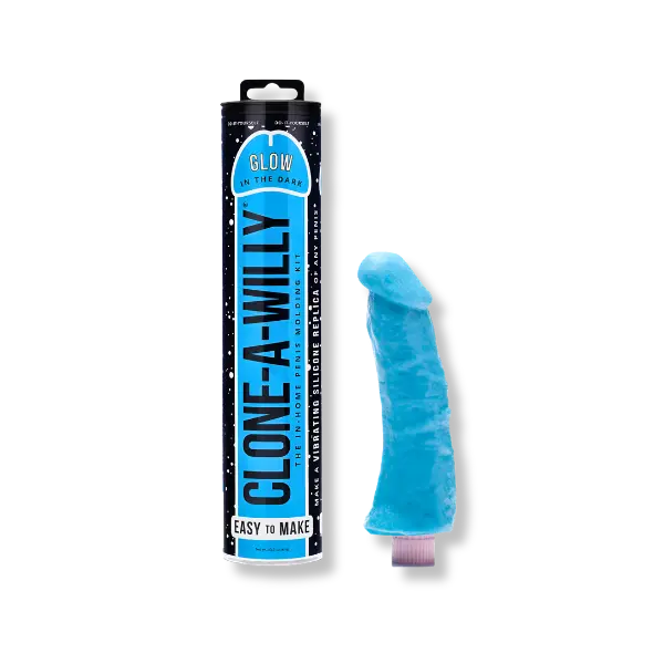 a blue dildo stands next to packaging for "clone a willy" make your own dildo kit, on a white background