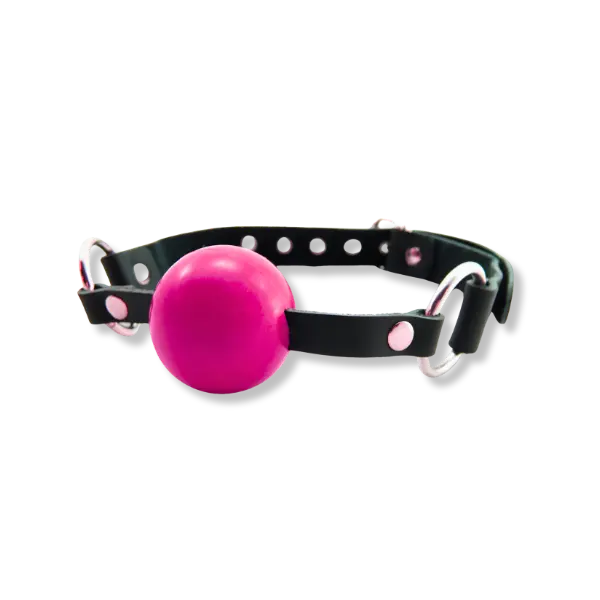 a black leather strap connects to a pink ball to complete this ball gag, on white background