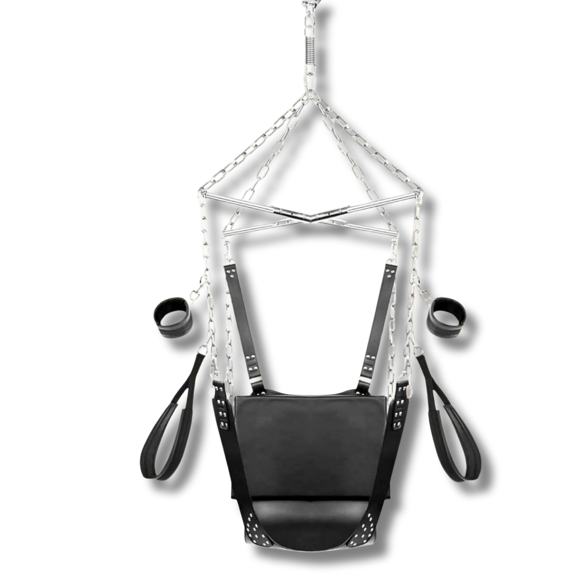A black padded hanging restraint chair with silver metal chains, straps, and footrest, shown against a plain white background.