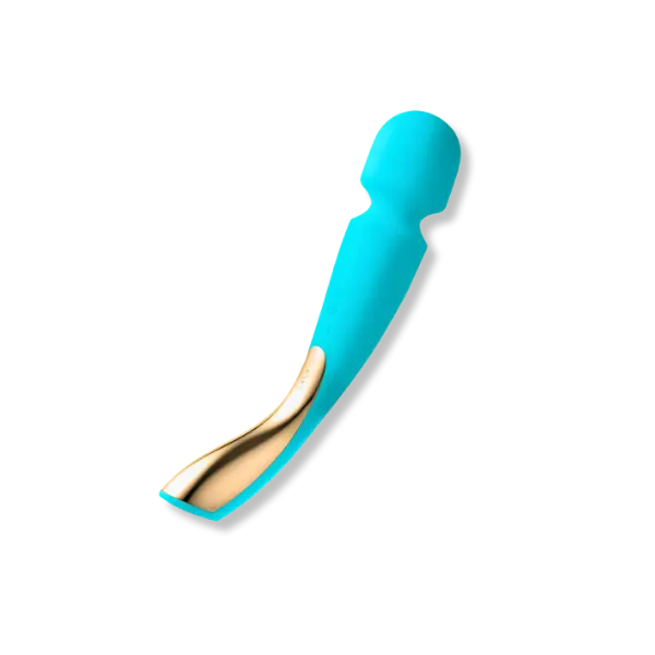 a blue personal massager wand with a ball shaped tip, gold handle accents, on a white background