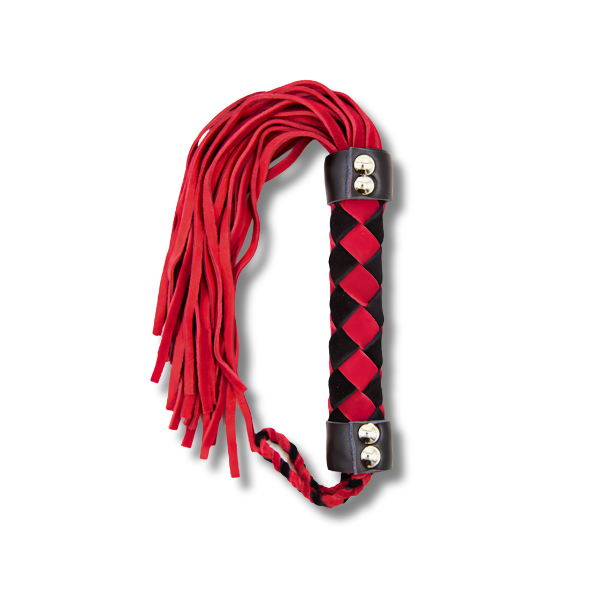 a red and black leather whip with braided leather black and red handle, on white background