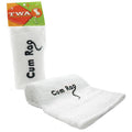 a white folded towel on white background, the towel has embroidered "cum rag" in San serifed font. 