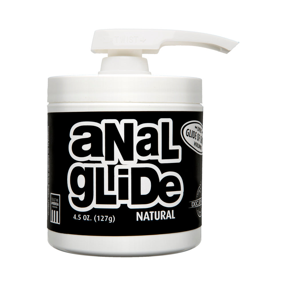 white pump bottle with black label that reads, "anal glide" 4.5 oz. 