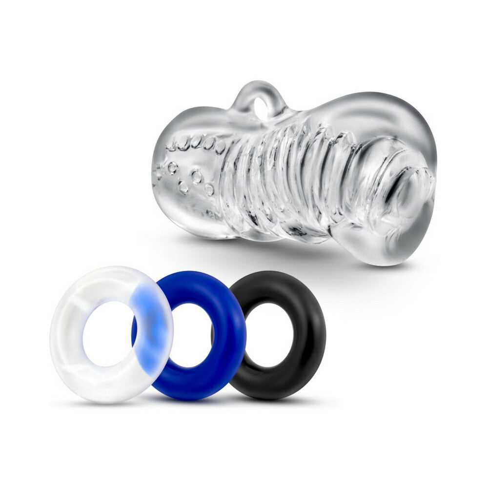 Quickie Kit Jerk Off Stroker & 3-Piece Cockring Set Clear