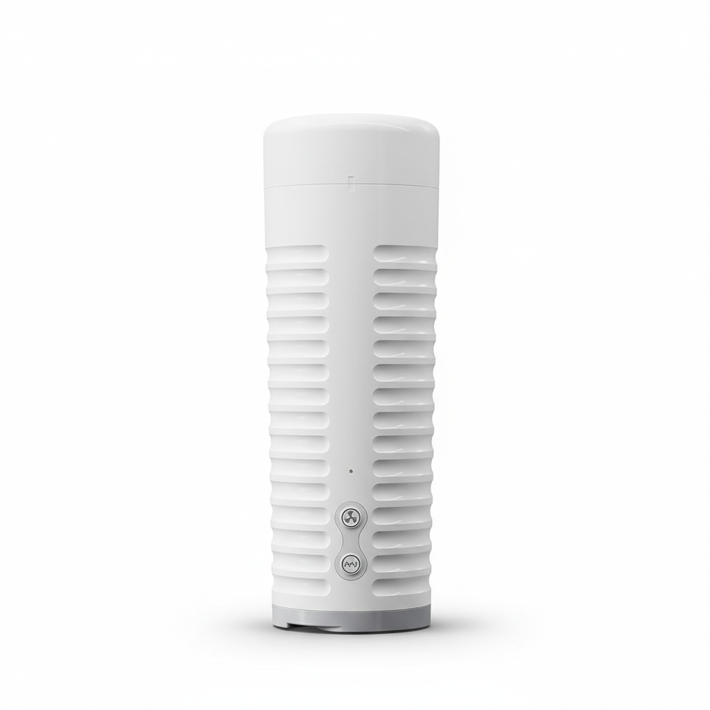 White cylindrical device with a patterned surface on a white background