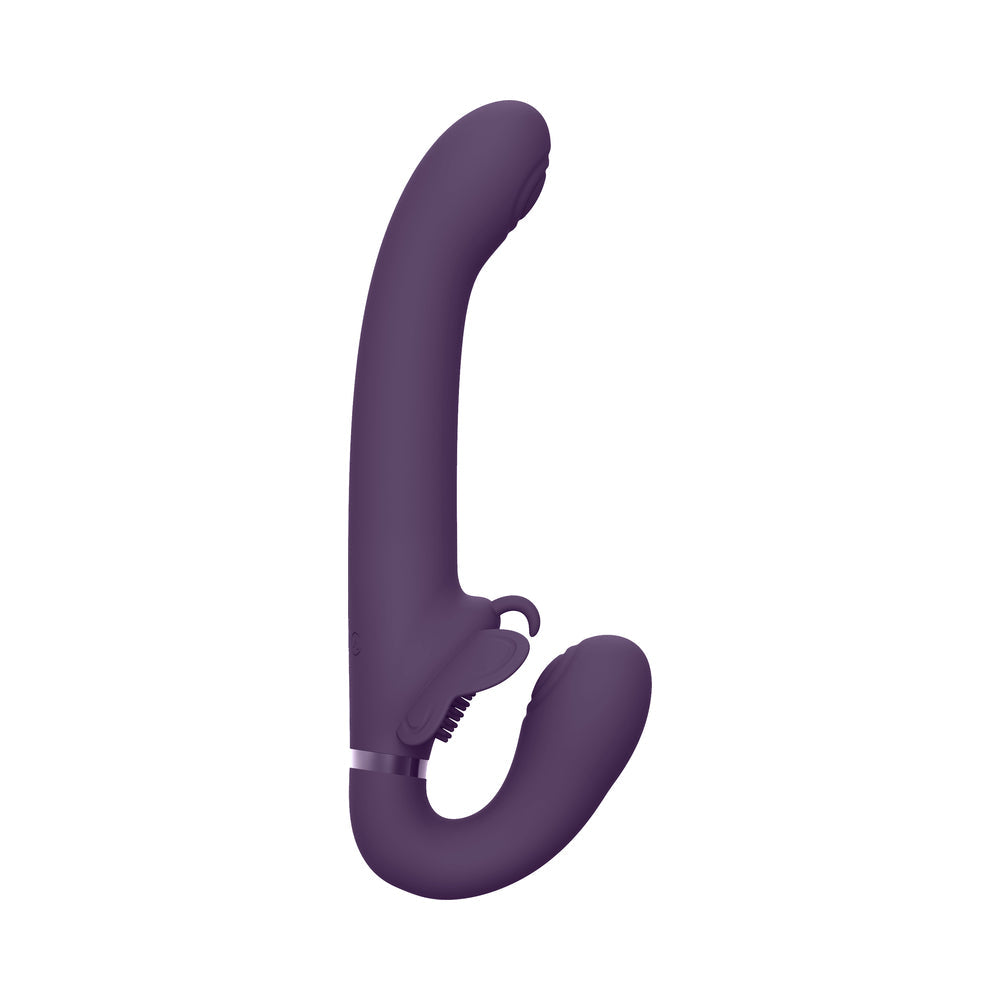 VIVE SATU Rechargeable Triple Motor Pulse-Wave Vibrating Silicone Strapless Strap-On Purple