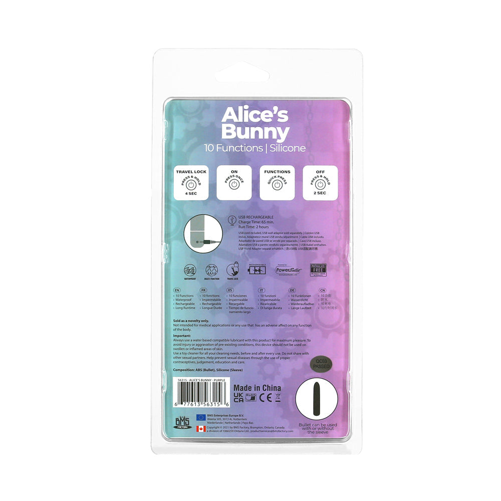 Powerbullet Alice''s Bunny Rechargeable Bullet Vibrator with Silicone Rabbit Sleeve Purple