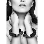 Ouch! Black & White Beginner Pleasure Furry Wrist Cuffs With Quick-Release Button Black