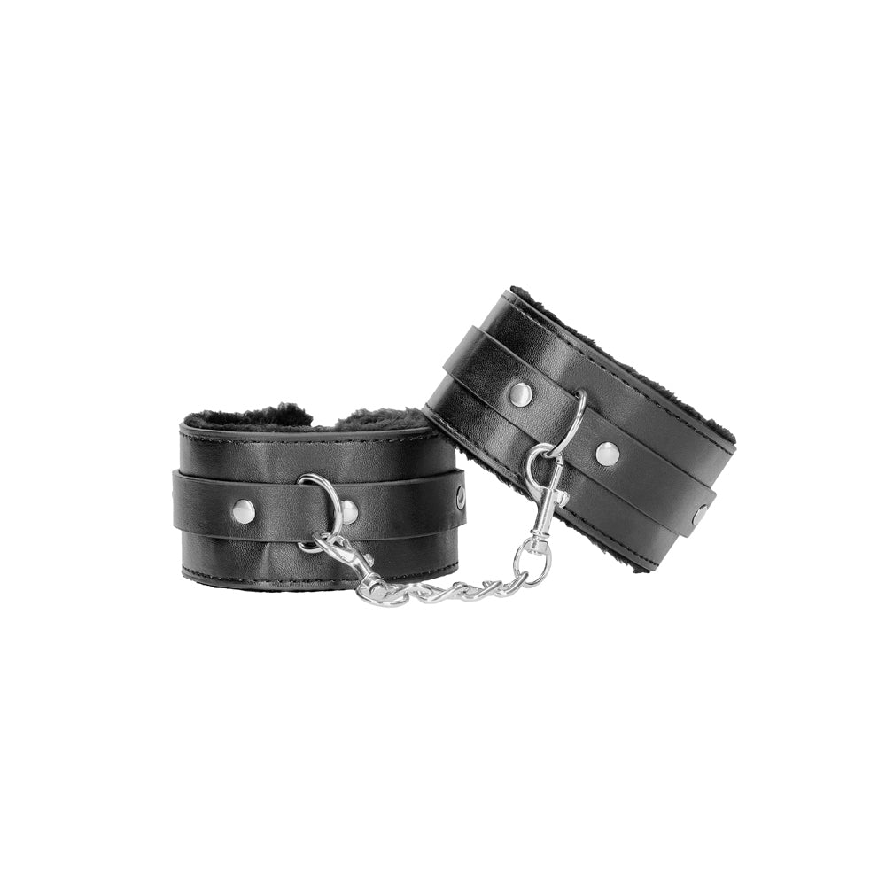 Ouch! Black & White Adjustable Plush Bonded Leather Ankle Cuffs Black
