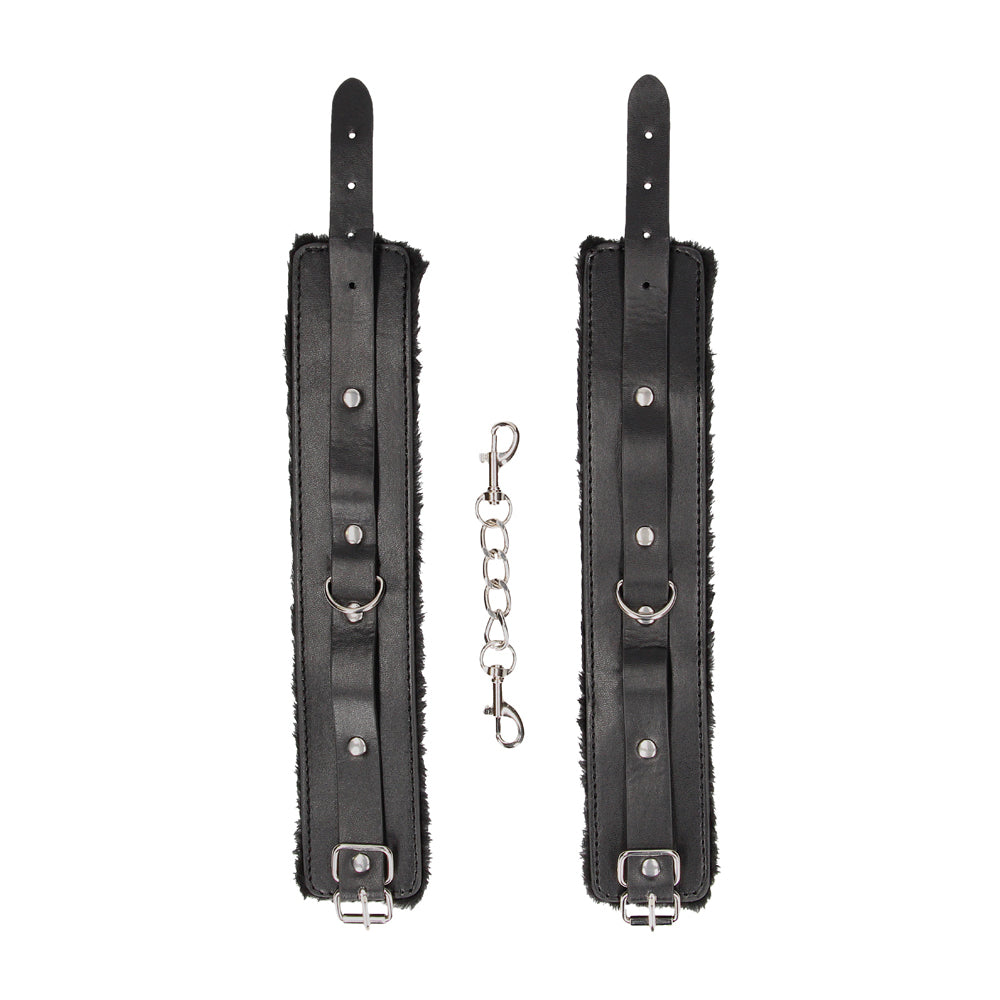 Ouch! Black & White Adjustable Plush Bonded Leather Ankle Cuffs Black