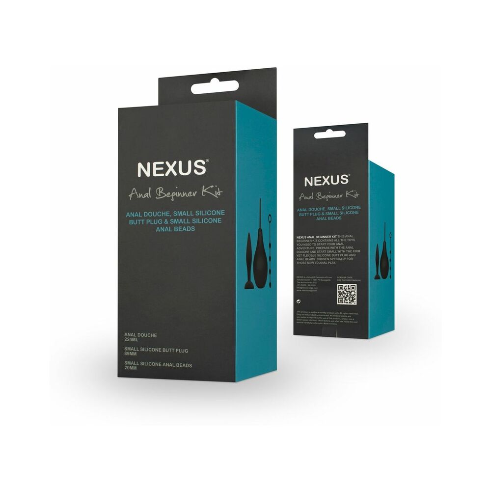 Nexus Anal Beginner Kit with Douche, Silicone Beads, Small Silicone Butt Plug Black