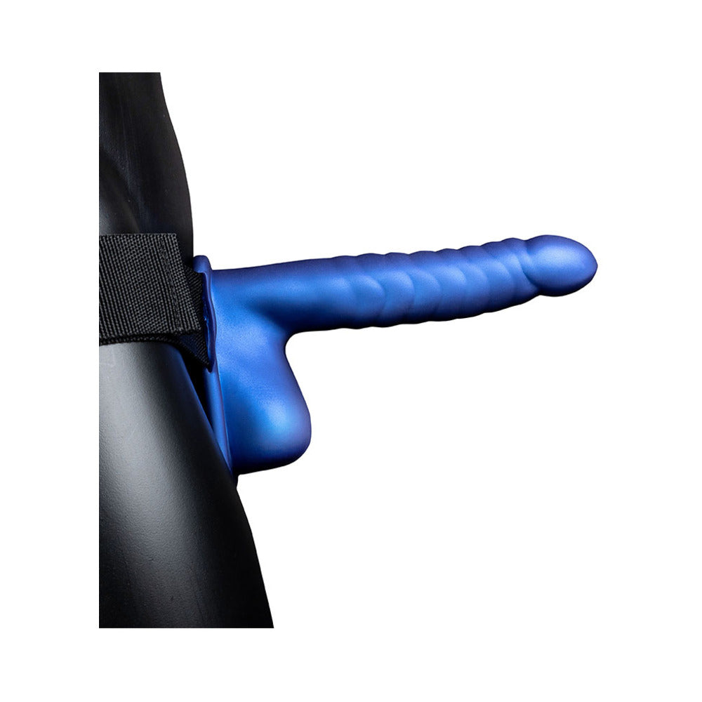Ouch! Ribbed 8 in. Hollow Strap-On with Balls Metallic Blue