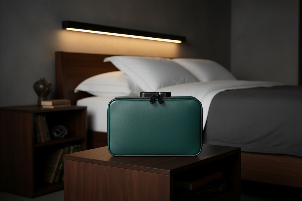 A dark teal leather storage box with a black handle and zipper pull and locking block, sits on a wooden bedside table in a modern, dimly lit bedroom setting.