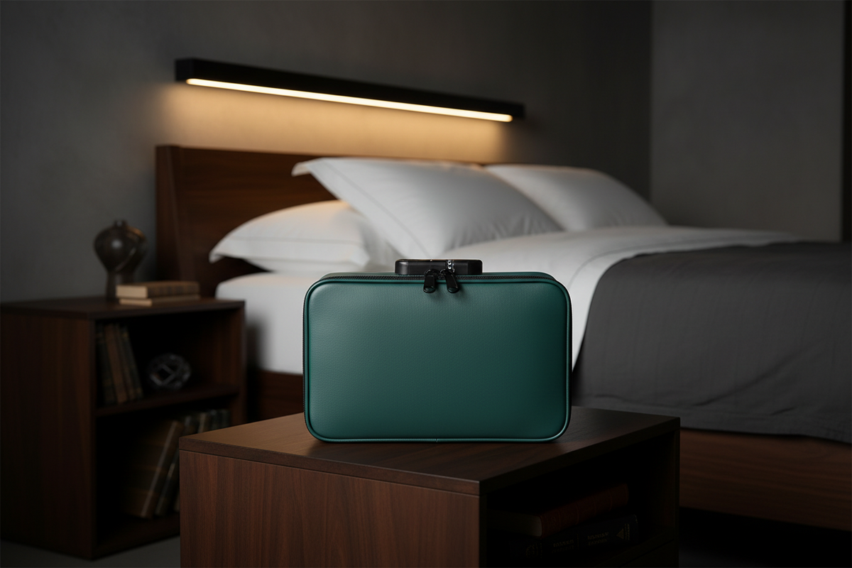 A dark teal leather storage box with a black handle and zipper pull and locking block, sits on a wooden bedside table in a modern, dimly lit bedroom setting.