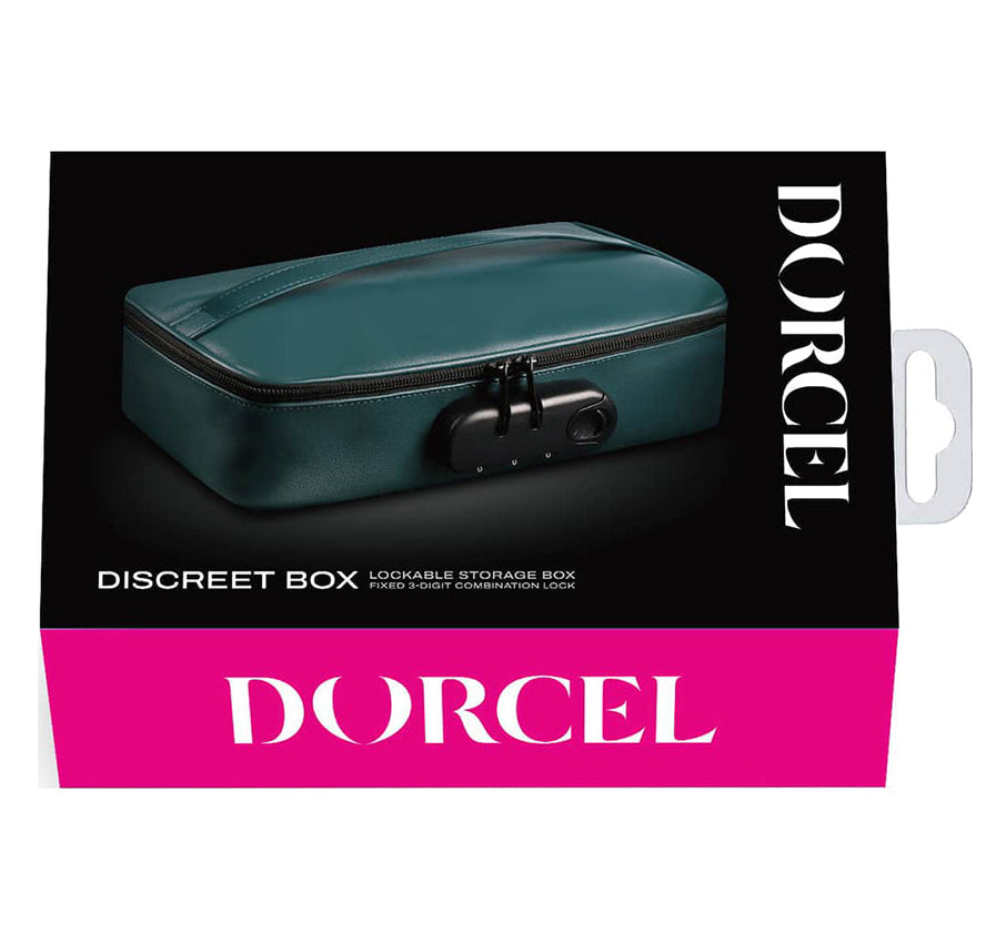 product box featuring the name DORCEL and a green leather box with a zipper around the perimeter and a black lock plate on the front. 