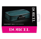 product box featuring the name DORCEL and a green leather box with a zipper around the perimeter and a black lock plate on the front. 