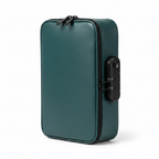 A dark teal green rectangular zippered case with a black combination lock on the side, shown on a clean white background.