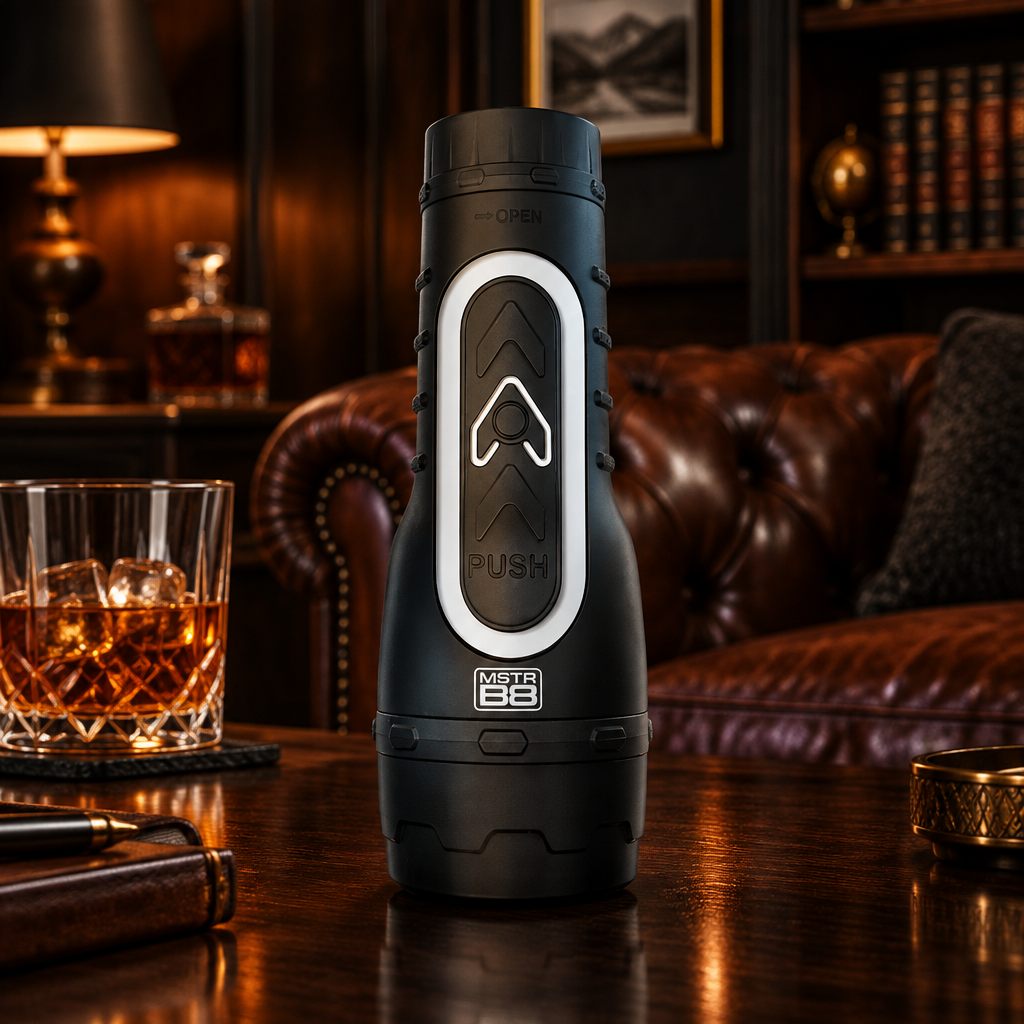 A black portable water bottle with a large white and black push-button design stands on a dark wooden table in a dimly lit, luxurious room with a brown leather sofa, bookshelves, and a glass of whiskey nearby.