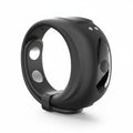 A matte black smartwatch band with a flexible, curved design, featuring two circular cutouts on the inner side and a glossy side panel with a button, shown on a white background.