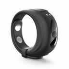 A matte black smartwatch band with a flexible, curved design, featuring two circular cutouts on the inner side and a glossy side panel with a button, shown on a white background.