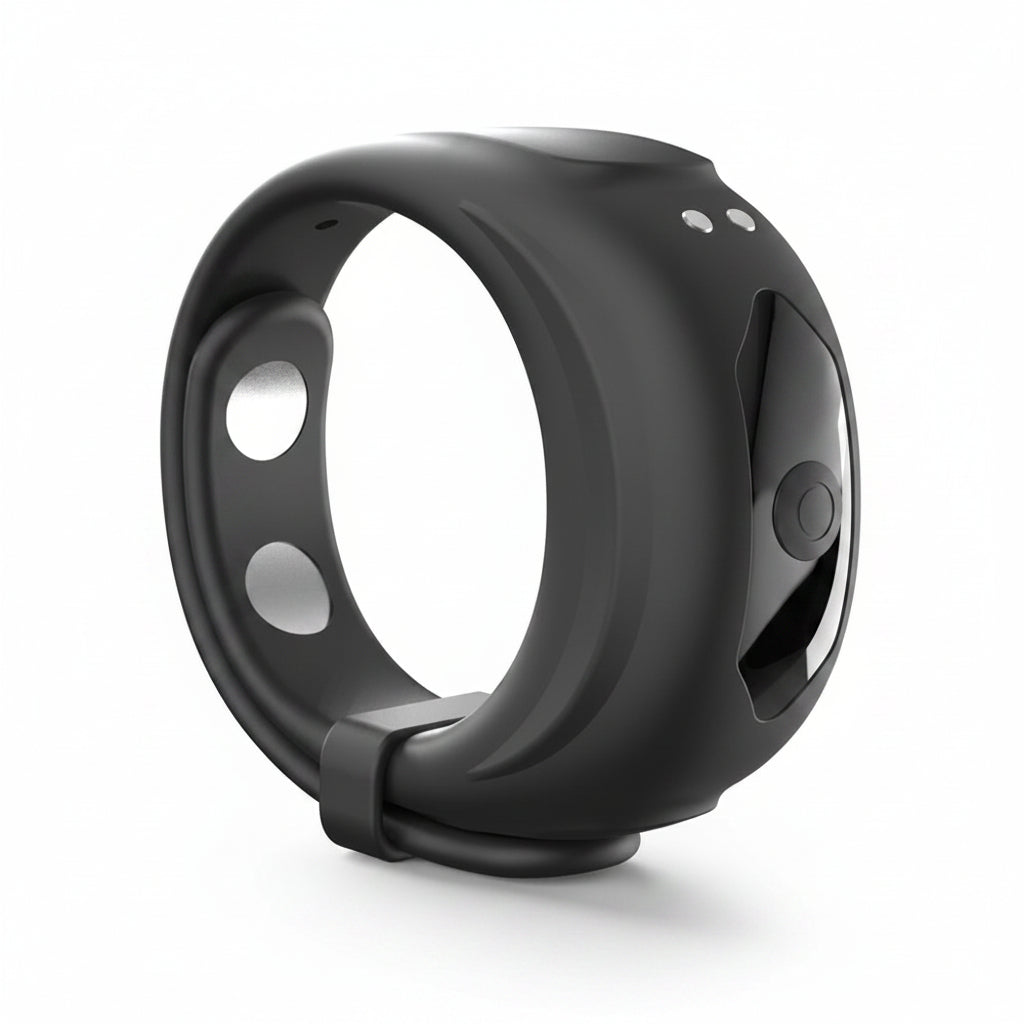 A matte black smartwatch band with a flexible, curved design, featuring two circular cutouts on the inner side and a glossy side panel with a button, shown on a white background.