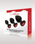 Anal Training Set 3pc Crystal Heart Plugs 2.5 3 3.5 In Black Red