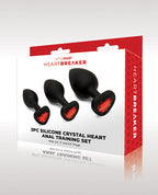 Anal Training Set 3pc Crystal Heart Plugs 2.5 3 3.5 In Black Red