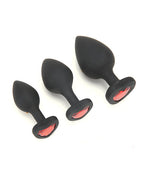 Anal Training Set 3pc Crystal Heart Plugs 2.5 3 3.5 In Black Red