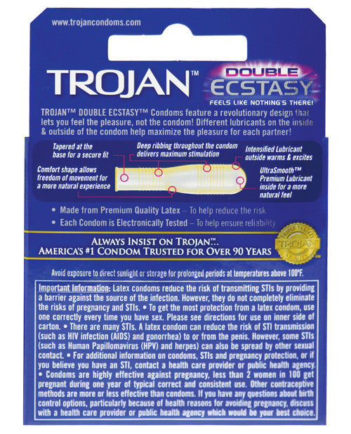 Trojan Double Ecstasy Condom Box Of 3 Dual Lubricants Ribbed Texture