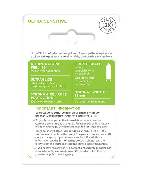 Lifestyles Ultra Sensitive Condoms 3 Pack Lubricated Near Skin Feel