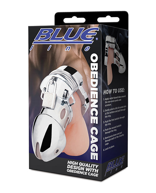 Blue Line Obedience Cage Male Chastity Device Silver