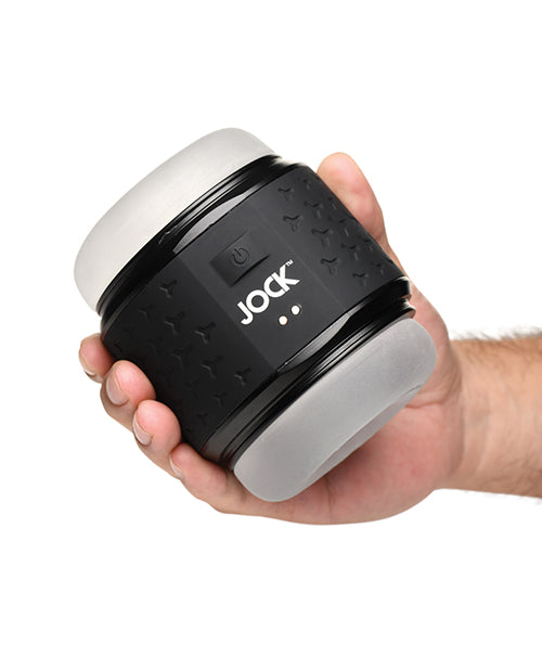 Jock Vibrating Double Stroker Masturbator Black Adjustable Sleeve Dual Entry