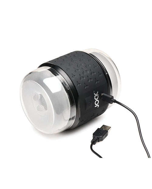 Jock Vibrating Double Stroker Masturbator Black Adjustable Sleeve Dual Entry