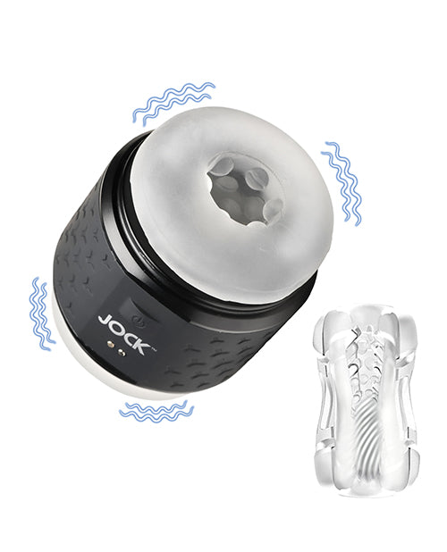 Jock Vibrating Double Stroker Masturbator Black Adjustable Sleeve Dual Entry