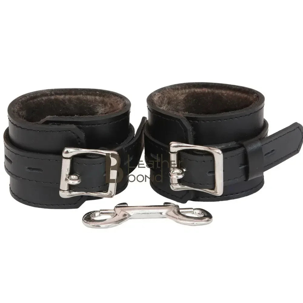Real Cowhide Leather Wrist Cuffs 2 Piece Bondage Set With Connector Fur Lining